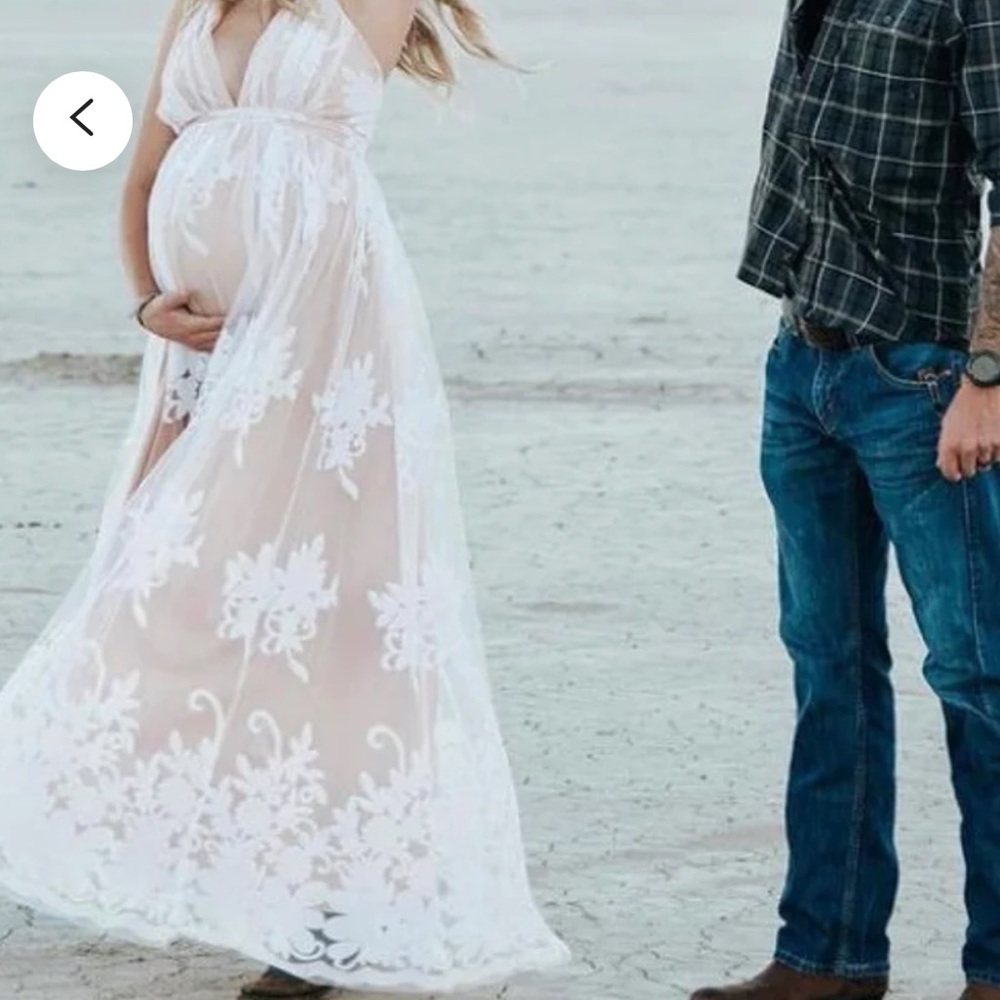 White and Nude Floral Lace Dress - Maxi , V Neck
